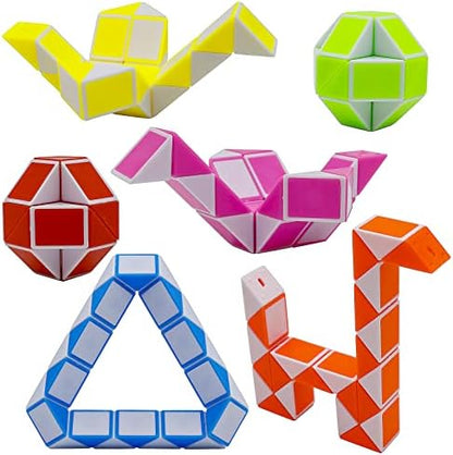 Close up view of twenty four block twist puzzle being bent into a sphere shape by child hands.