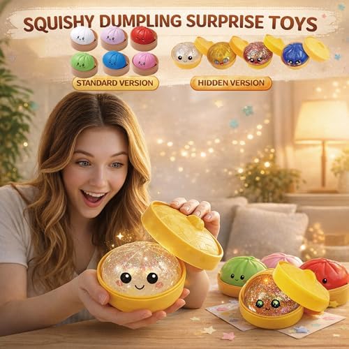 Two pieces of colorful sparkling dumpling fidget toys outside their packaging.
