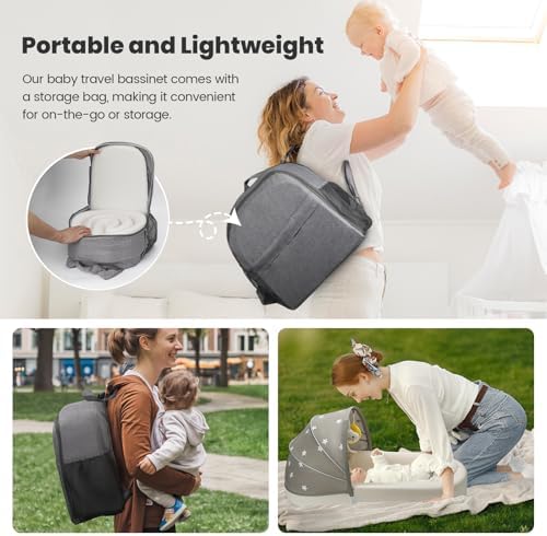 Bnakkon travel bassinet expanded on a bed showing the rigid bottom support architecture