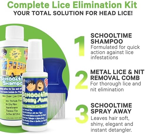 Schooltime lice shampoo bottle and stainless steel comb