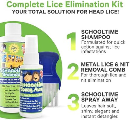 Schooltime lice shampoo bottle and stainless steel comb