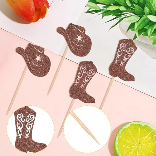 Detailed view of western themed glitter boot cupcake topper for parties.