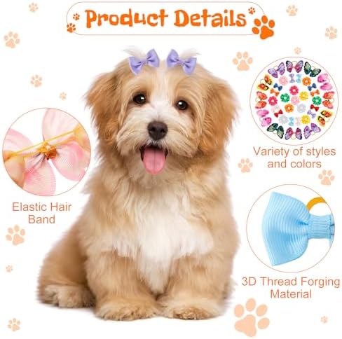 Small dog wearing pearl and flower hair bows