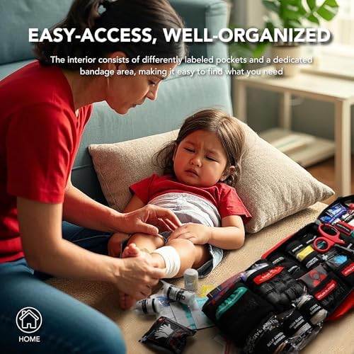 Open THRIAID medical kit showing well organized labeled interior pockets