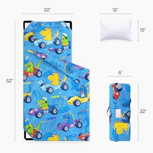 Wake In Cloud toddler sleeping mat fully unrolled with attached blanket and removable pillow.