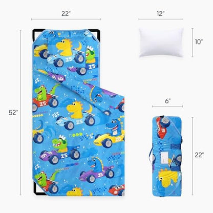 Wake In Cloud toddler sleeping mat fully unrolled with attached blanket and removable pillow.