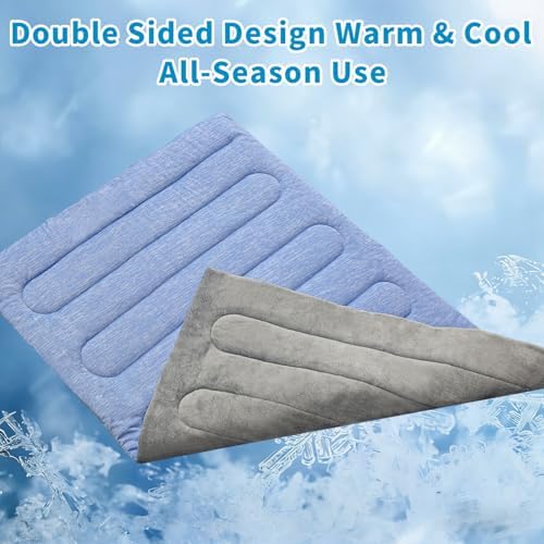 Reversible double sided pet cooling bed placed inside a large dog crate for travel