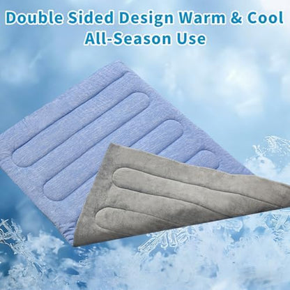 Reversible double sided pet cooling bed placed inside a large dog crate for travel