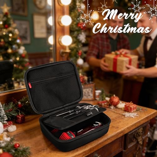 Open barber supplies holder bag displaying adjustable interior dividers and elastic straps.