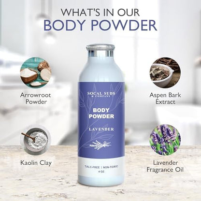 SoCal Suds Lavender scented natural body powder 4 ounce container.
