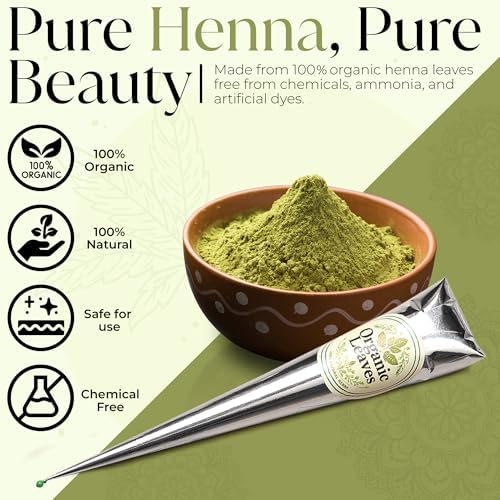 Chemical free herbal mehndi cones packaging displaying ingredients and safety details