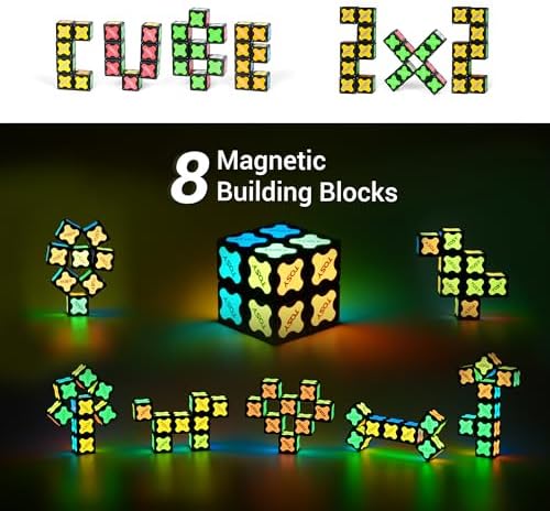 Multiple creative architectural shapes built using the eight pieces of the TOSY magnetic building kit arranged on a table.