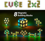 Multiple creative architectural shapes built using the eight pieces of the TOSY magnetic building kit arranged on a table.
