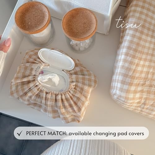 Universal size baby tissue holder in beige gingham pattern