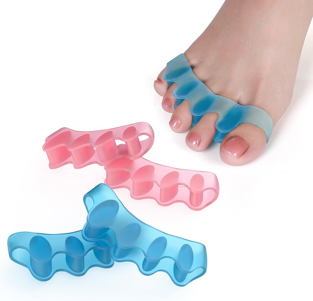 Sosede 4 Piece Toe Separator set in blue and pink front view for bunion relief.