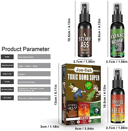 Close up of Stinky Ass Smell From Hell and Toxic Bomb liquid fart spray packaging