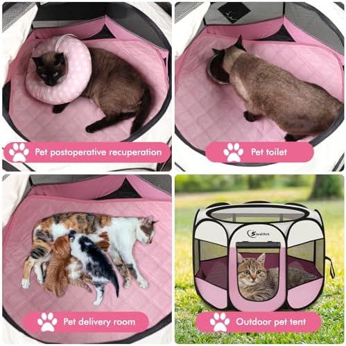 Siedihit Dog Cat Playpen, Puppy Pet Playpen Indoor for Small Dog Crate Tent Cage Outdoor, Portable Pop Up Dogs Enclosure Kennel with Carrying Case for Dogs/Cats/Rabbits(Pink, Small with pad) - Image 4