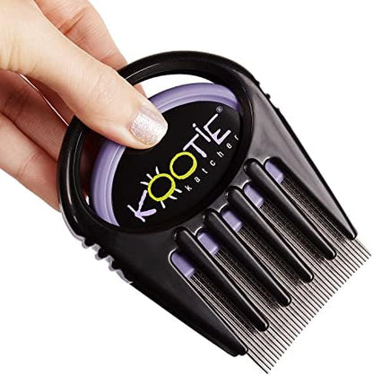 Kootie Katcher metal lice comb front view showing the dual action detangler and stainless steel nit teeth.