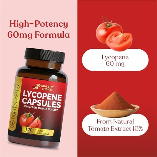 Athletic Choice Lycopene one hundred twenty veggie capsules packaging details display.