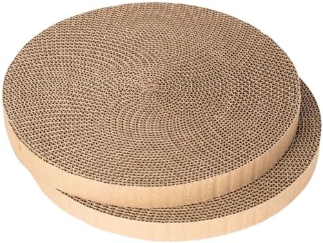 Two count circular cardboard replacement pads for indoor cat scratching toys.