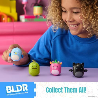 BLDR Squishmallows building block set showing Bebe the Bluebird assembled figure