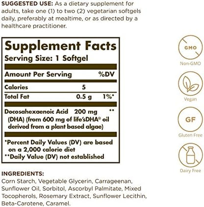 Solgar vegan omega 3 algal oil supplement nutrition facts label check