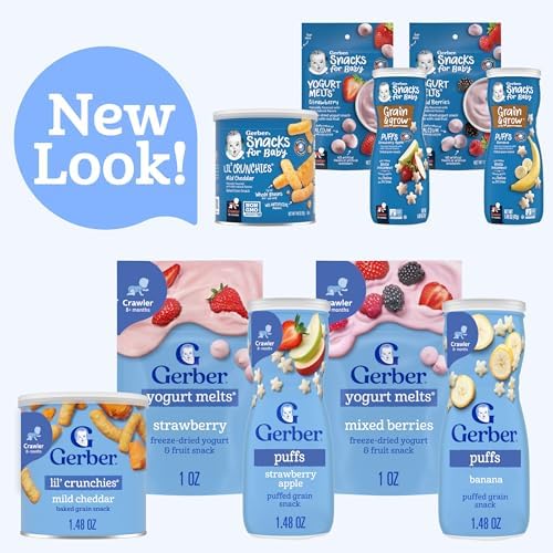 Gerber Banana Puffs whole grain snack container detailing baby safe easy melting texture specifications