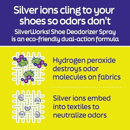 SilverWorks! odor eliminator bottle next to a pair of athletic sneakers