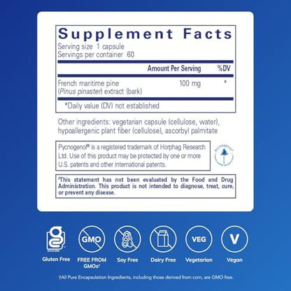 Pure Encapsulations Pycnogenol 100 mg supplement facts and clean ingredient label details