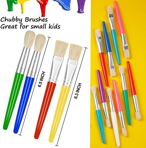 Vibrant multi colored plastic handles of YGAOHF preschool art brushes laid out flat