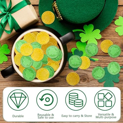 OHOME holiday decorations featuring green and gold leprechaun coins filling a decorative glass jar centerpiece
