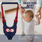 Parent using Synlark walking harness to assist baby