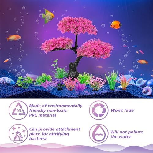 Non toxic PVC plastic aquarium decorations showing detailed pink foliage up close.