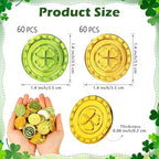 Vicroic plastic lucky coins assortment showing sixty green and sixty gold festive pieces spread out on a surface