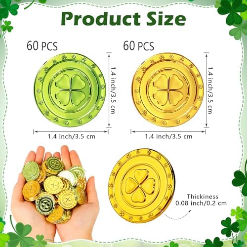 Vicroic plastic lucky coins assortment showing sixty green and sixty gold festive pieces spread out on a surface