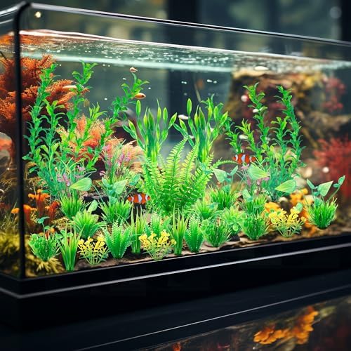 Assorted sizes of non toxic plastic fish tank decorations in clear water