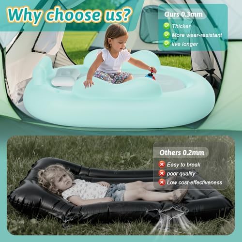 Portable kids blow up mattress with electric pump and packed travel bag layout.