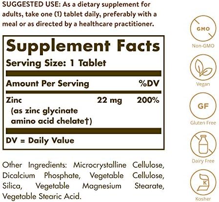 Solgar Chelated Zinc 22mg supplement facts panel detailing nutritional values and premium ingredients.