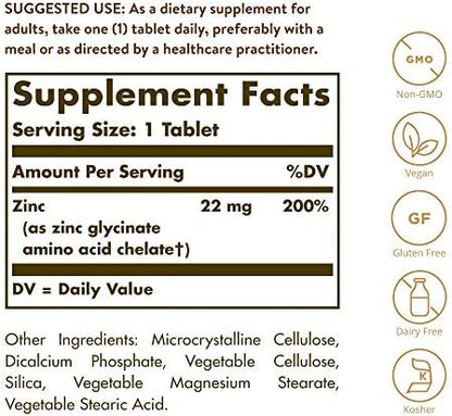 Solgar Chelated Zinc 22mg supplement facts panel detailing nutritional values and premium ingredients.