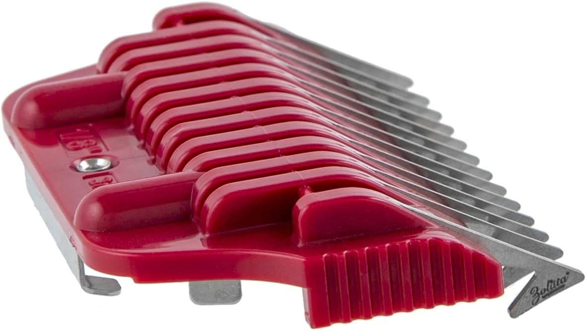Close up view of the long pointed steel teeth on the Bucchelli wide pet grooming comb guide
