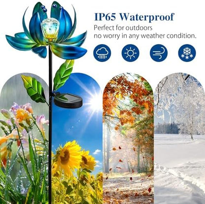 Side profile of multicolor solar metal flower garden sculpture