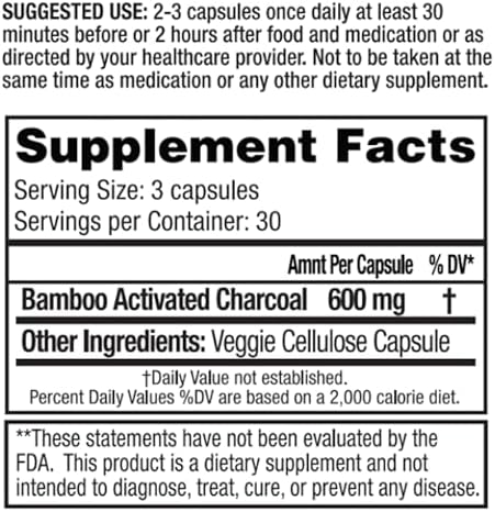 Side angle of Dr. Tennant's Activated Bamboo Charcoal dietary supplement bottle detailing the coconut-free formula text