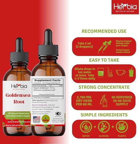 Organic goldenseal root tincture 10 to 1 concentrate dropper bottle details