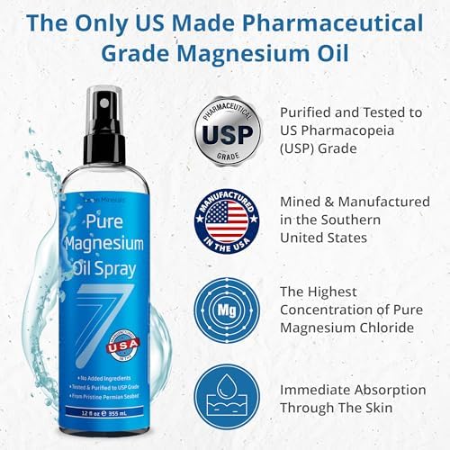 Seven Minerals transdermal magnesium chloride liquid spray container showing pharmaceutical grade label details
