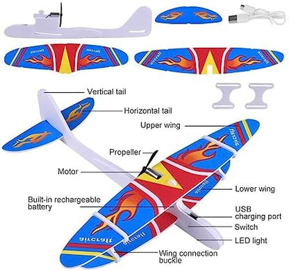 Three-quarter angle of the rechargeable foam glider displaying the dual-wing interlocking design.