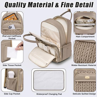 Tealari khaki diaper backpack laid flat next to the matching cushioned baby changing pad