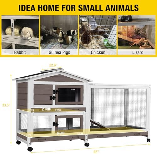 Aivituvin Rabbit Hutch 62" Rabbit Cage Indoor Outdoor Chicken Coop Guinea Pig Cage on Wheels Bunny Cage with 3 Deep No Leakage Pull Out Tray,Waterproof Roof (Brown) - Image 4