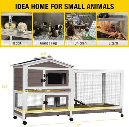 Aivituvin Rabbit Hutch 62" Rabbit Cage Indoor Outdoor Chicken Coop Guinea Pig Cage on Wheels Bunny Cage with 3 Deep No Leakage Pull Out Tray,Waterproof Roof (Brown) - Image 4