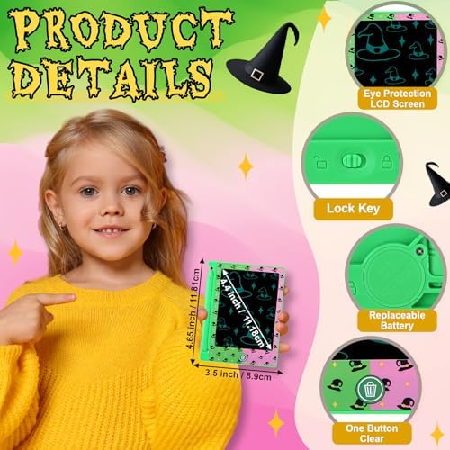Nezyo mini LCD doodle boards for kids showing pink and green witch hat design
