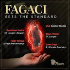 Fagaci cordless trimmer resting on its premium charging dock with digital battery display glowing